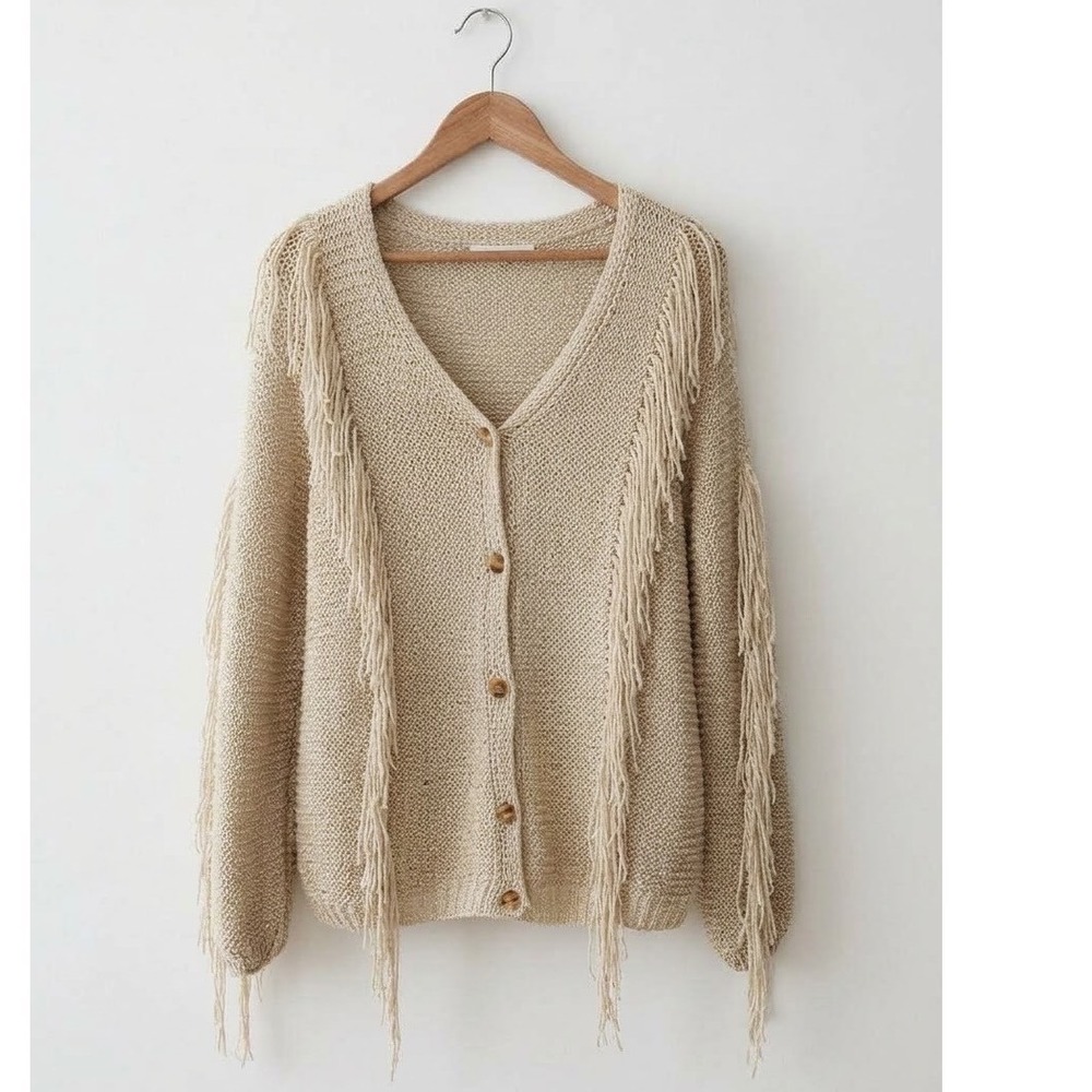 Farm Rio Sand Fringe Cardigan Sweater Beige Open Knit V-Neck XL 327217 NEW